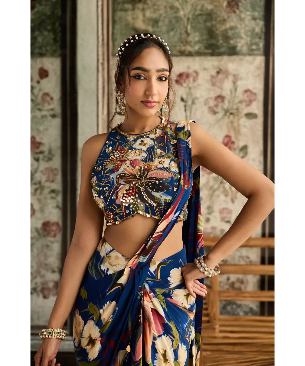 DIYARAJVVIR - Blue Floral Printed Skirt Saree Set